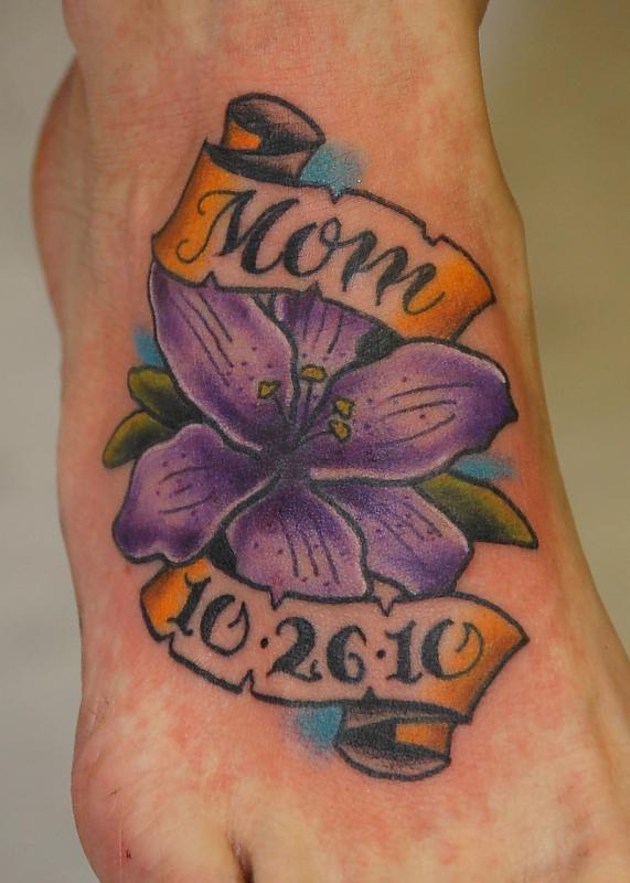 Purple Flower Tattoo On Girl Right Back Shoulder