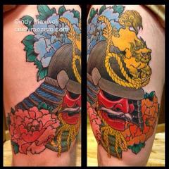 Japanese samurai helmet and peonies tattoo