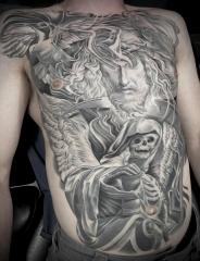 Full Chest Tattoo Featuring Angel and Grim Reaper